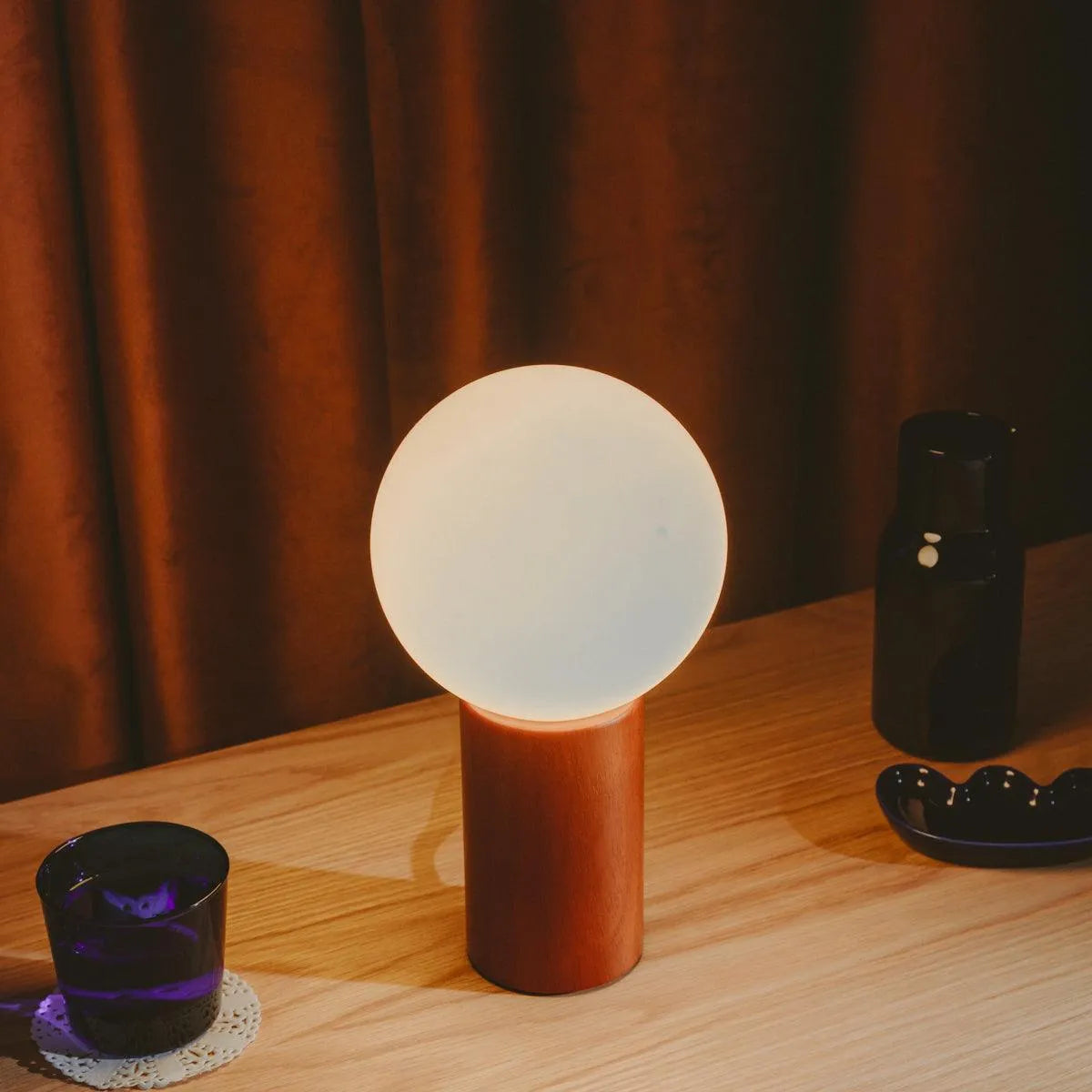 Tafellamp Hout Glas Vintage Mid-Century 28cm Ronde Bol Nachtkastlamp Slaapkamer | Restfield