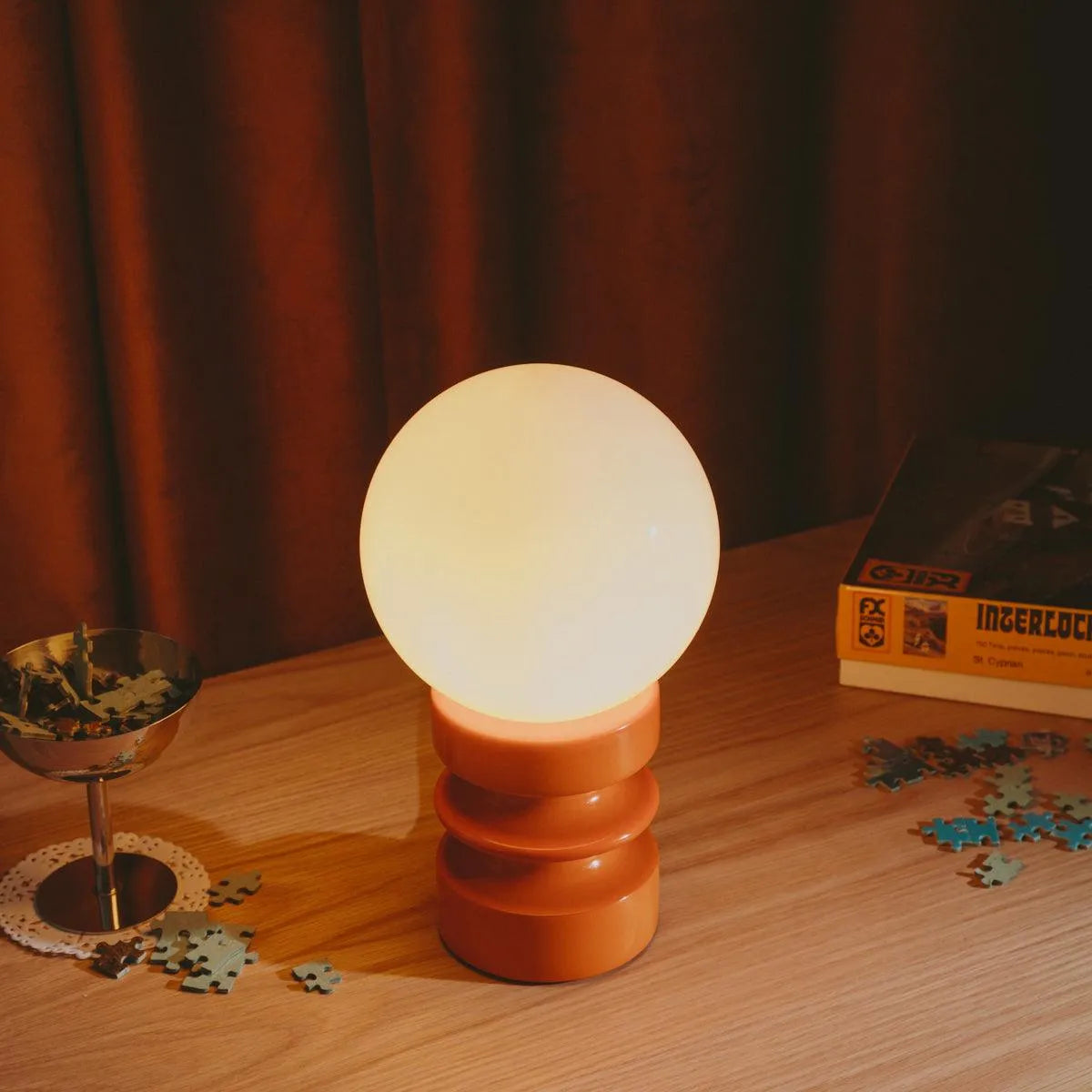 Lampe de Table Bois Massif Verre Vintage 28cm Vert Orange Rétro Éclairage d’Ambiance Moderne | Restfield